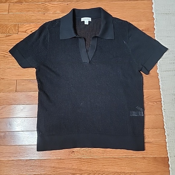 Calvin Klein Open Knit Polo Top Sweater L Black Short Sleeve Preppy Lightweight - Picture 1 of 6